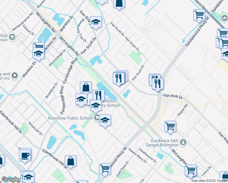 map of restaurants, bars, coffee shops, grocery stores, and more near McLaughlin Road in Brampton