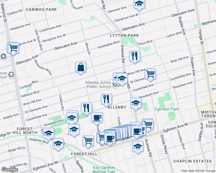 map of restaurants, bars, coffee shops, grocery stores, and more near 408 Saint Clements Avenue in Toronto