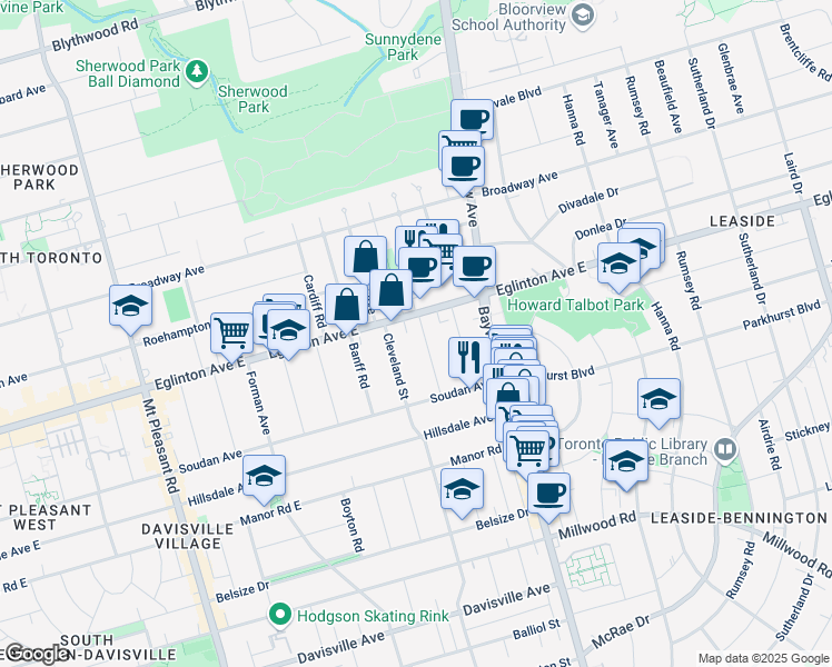 map of restaurants, bars, coffee shops, grocery stores, and more near 80 Hoyle Avenue in Toronto
