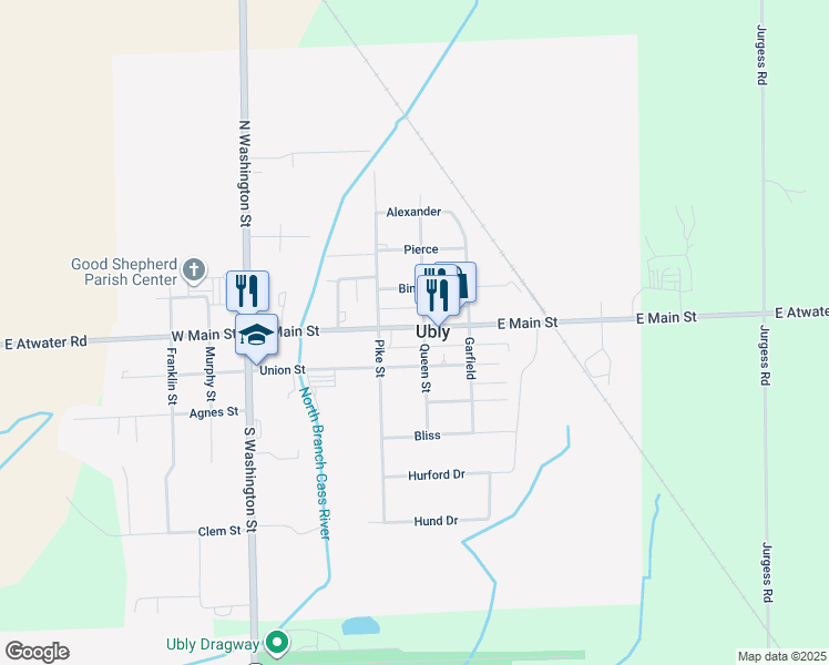 map of restaurants, bars, coffee shops, grocery stores, and more near in Ubly