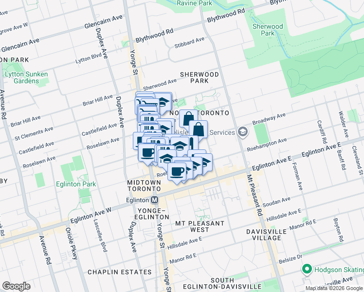 map of restaurants, bars, coffee shops, grocery stores, and more near 25 Broadway Avenue in Toronto