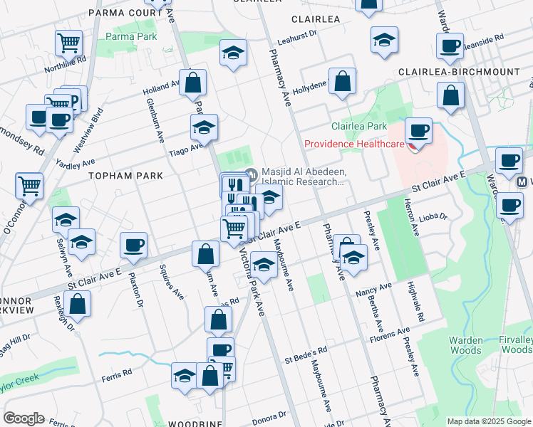 map of restaurants, bars, coffee shops, grocery stores, and more near in Toronto