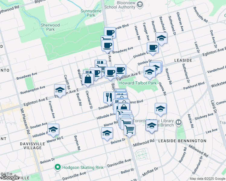 map of restaurants, bars, coffee shops, grocery stores, and more near in Toronto