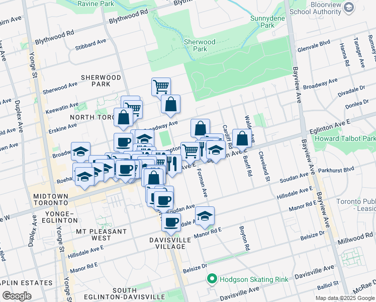 map of restaurants, bars, coffee shops, grocery stores, and more near 349 Roehampton Avenue in Toronto