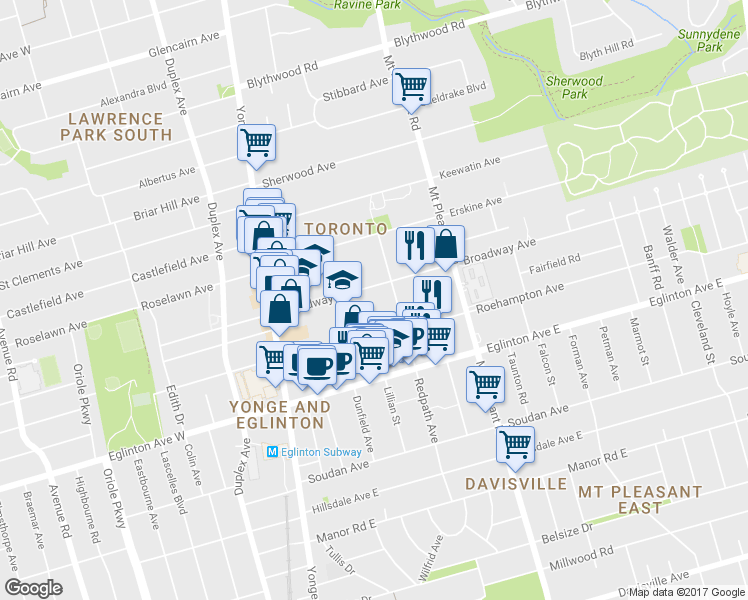 map of restaurants, bars, coffee shops, grocery stores, and more near 86 Broadway Avenue in Toronto