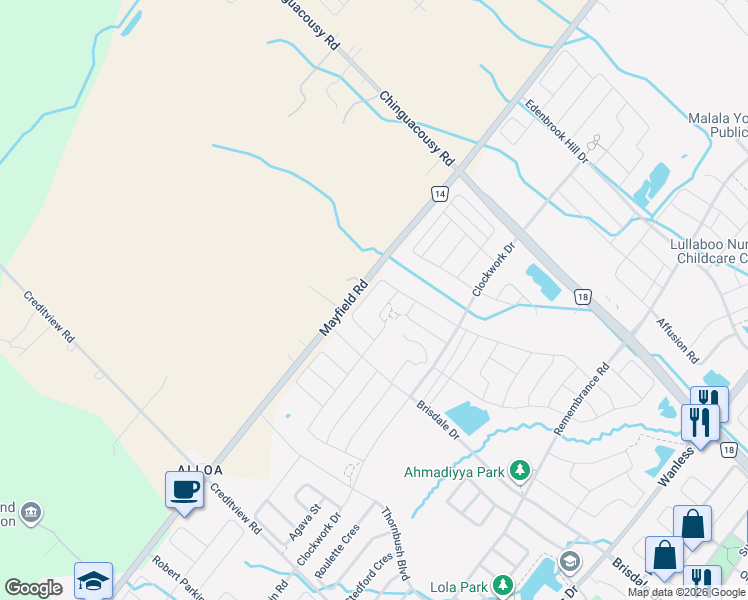 map of restaurants, bars, coffee shops, grocery stores, and more near 42 Boathouse Road in Brampton