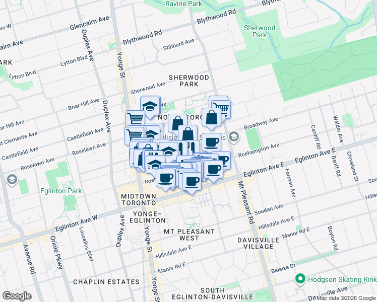 map of restaurants, bars, coffee shops, grocery stores, and more near 75 Broadway Avenue in Toronto