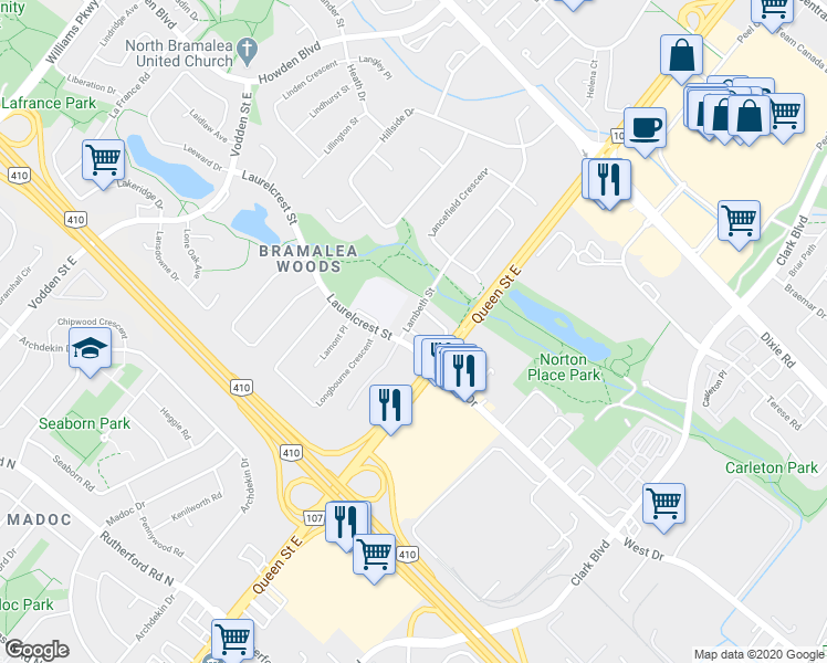 map of restaurants, bars, coffee shops, grocery stores, and more near 3 Lancewood Crescent in Brampton