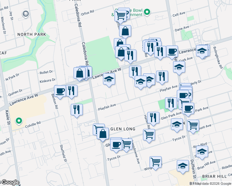 map of restaurants, bars, coffee shops, grocery stores, and more near 14 Joyce Parkway in Toronto