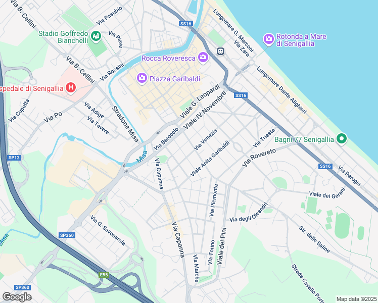map of restaurants, bars, coffee shops, grocery stores, and more near 50 Via Venezia in Senigallia