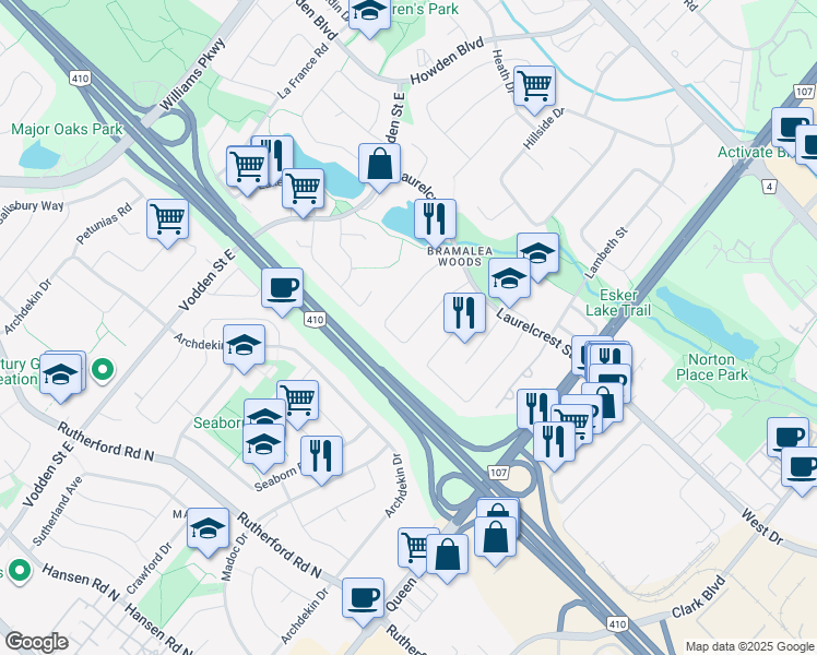 map of restaurants, bars, coffee shops, grocery stores, and more near 43 Lorraine Crescent in Brampton