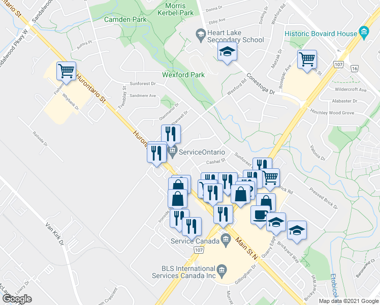 map of restaurants, bars, coffee shops, grocery stores, and more near 4 Tralee Street in Brampton