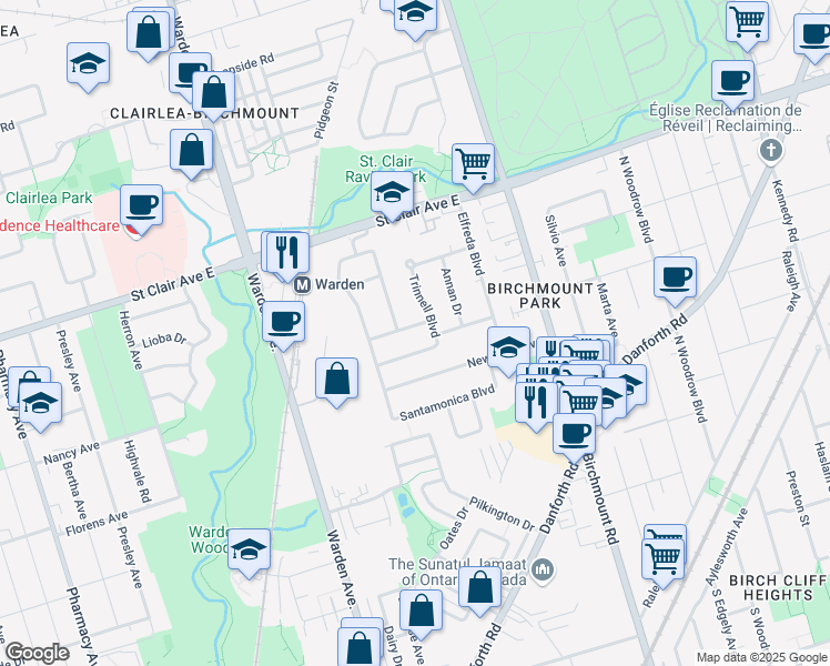 map of restaurants, bars, coffee shops, grocery stores, and more near 31 Chesapeake Avenue in Toronto