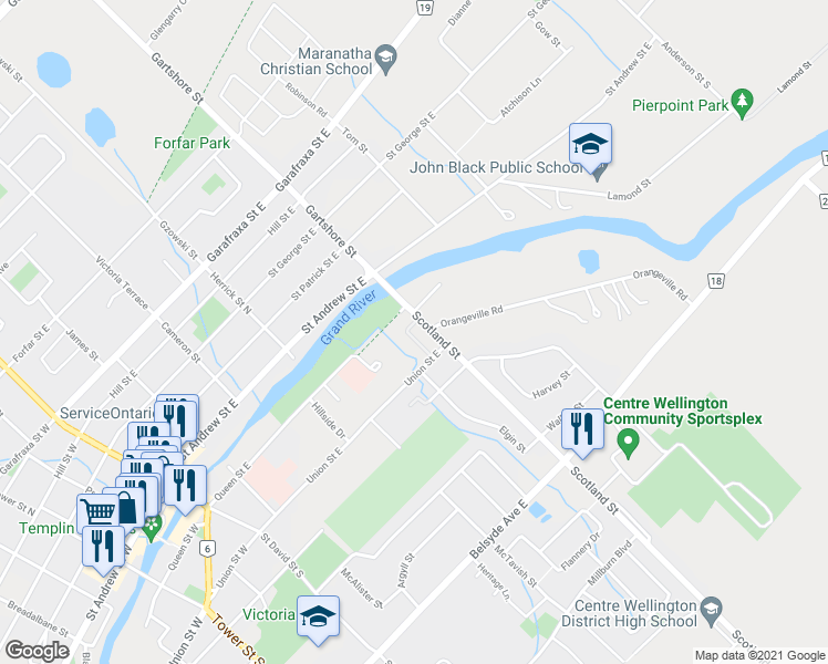 map of restaurants, bars, coffee shops, grocery stores, and more near 205 Scotland Street in Fergus