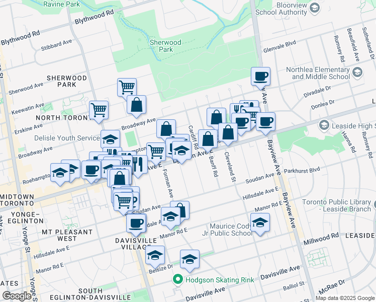 map of restaurants, bars, coffee shops, grocery stores, and more near 460 Eglinton Avenue East in Toronto