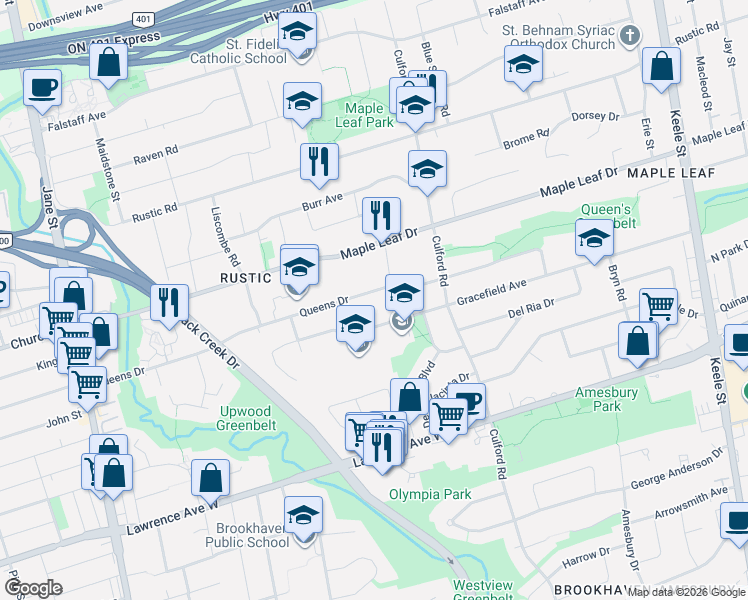 map of restaurants, bars, coffee shops, grocery stores, and more near 543 Queens Drive in Toronto