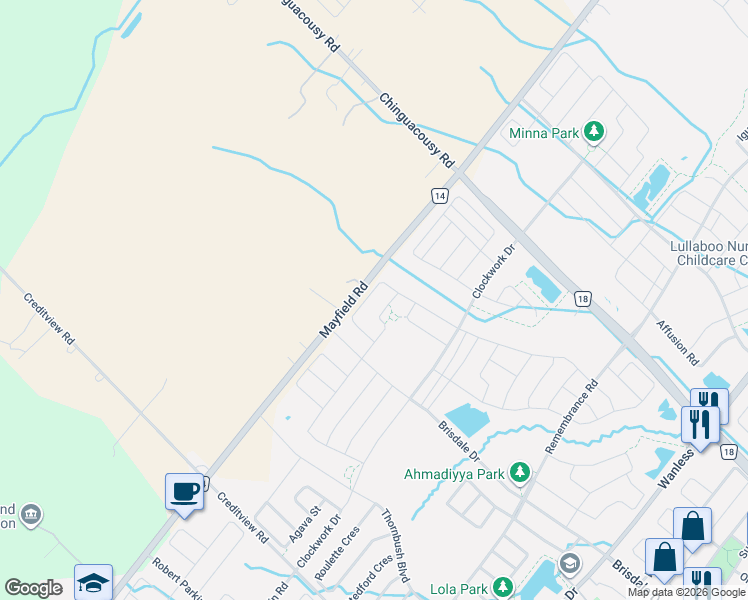 map of restaurants, bars, coffee shops, grocery stores, and more near 46 Boathouse Road in Brampton