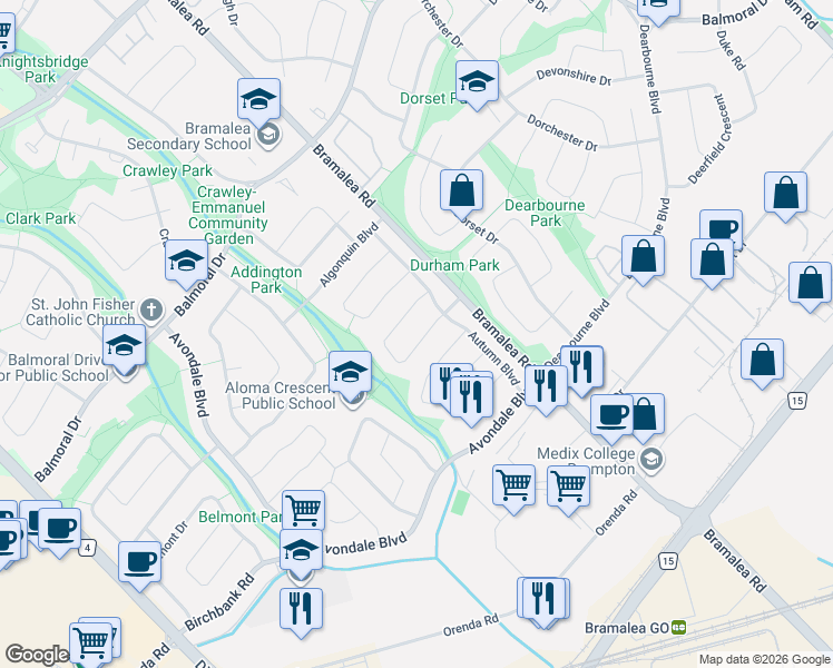 map of restaurants, bars, coffee shops, grocery stores, and more near 11 Alexandria Crescent in Brampton