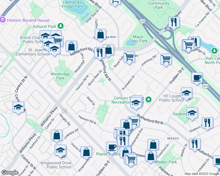 map of restaurants, bars, coffee shops, grocery stores, and more near 18 Ivybridge Drive in Brampton