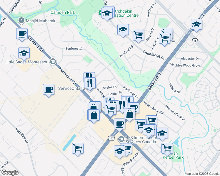 map of restaurants, bars, coffee shops, grocery stores, and more near 21 Tralee Street in Brampton
