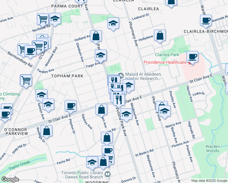 map of restaurants, bars, coffee shops, grocery stores, and more near 1171 Victoria Park Avenue in Toronto