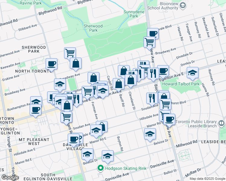 map of restaurants, bars, coffee shops, grocery stores, and more near 1 Cardiff Road in Toronto