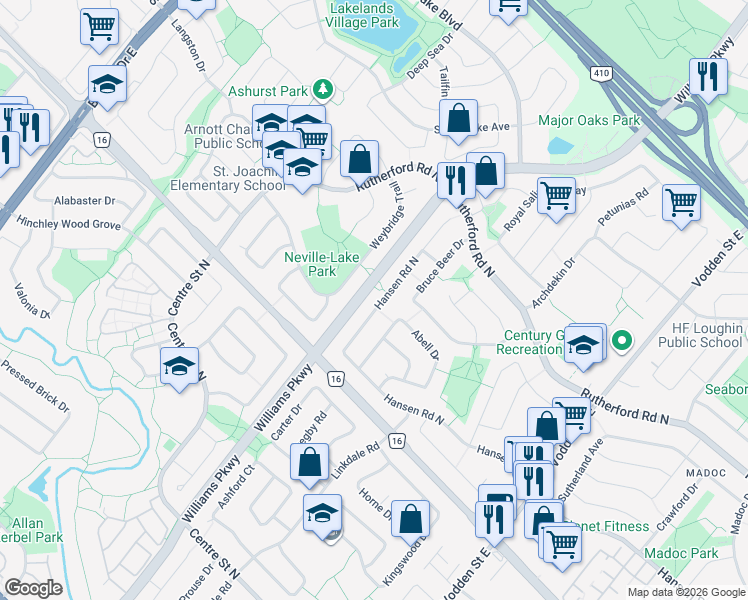 map of restaurants, bars, coffee shops, grocery stores, and more near 409 Hansen Road North in Brampton