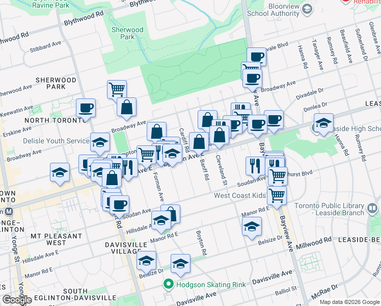 map of restaurants, bars, coffee shops, grocery stores, and more near 494 Eglinton Avenue East in Toronto