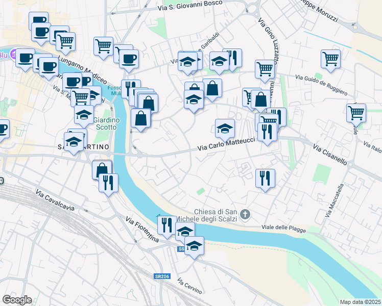 map of restaurants, bars, coffee shops, grocery stores, and more near 37 Via San Michele degli Scalzi in Pisa