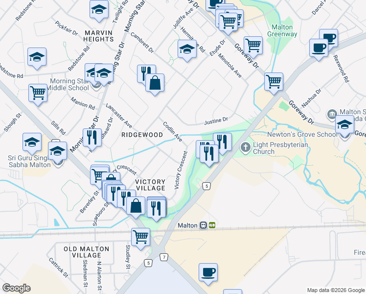 map of restaurants, bars, coffee shops, grocery stores, and more near 3339 Victory Crescent in Mississauga