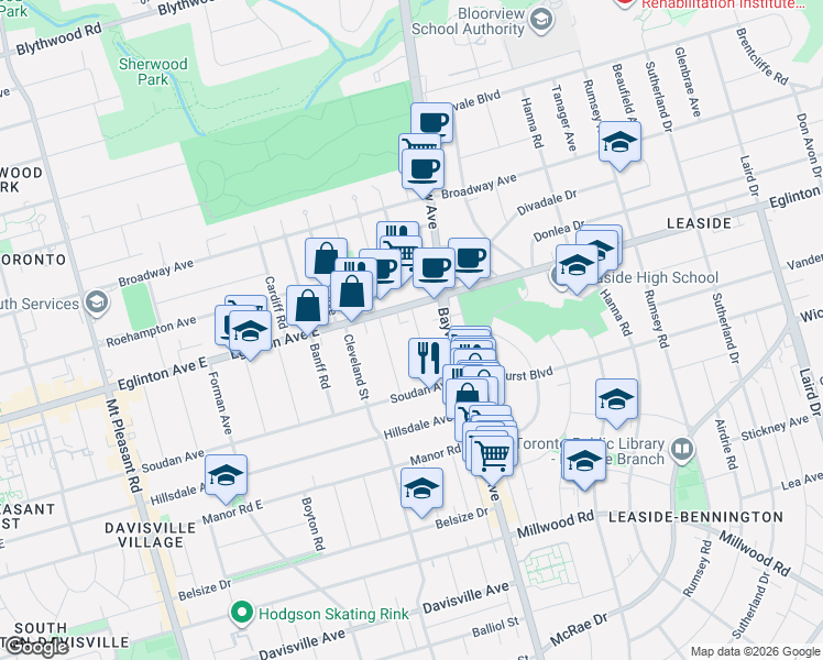 map of restaurants, bars, coffee shops, grocery stores, and more near 70 Mann Avenue in Toronto
