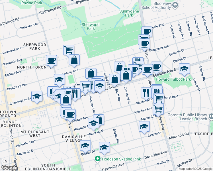 map of restaurants, bars, coffee shops, grocery stores, and more near 445 Eglinton Avenue East in Toronto