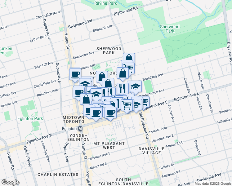 map of restaurants, bars, coffee shops, grocery stores, and more near 195 Redpath Avenue in Toronto