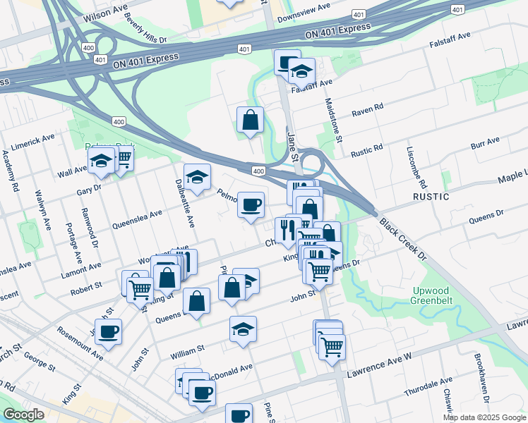 map of restaurants, bars, coffee shops, grocery stores, and more near in Toronto