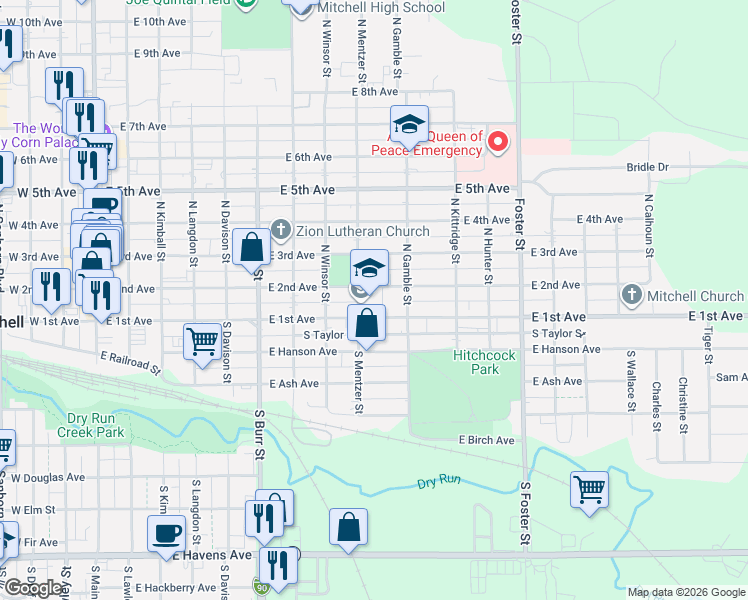 map of restaurants, bars, coffee shops, grocery stores, and more near 110 North Mentzer Street in Mitchell