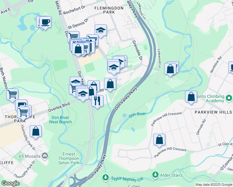map of restaurants, bars, coffee shops, grocery stores, and more near 25 Sunny Glenway in Toronto