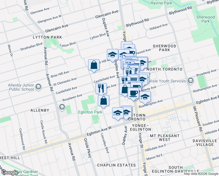 map of restaurants, bars, coffee shops, grocery stores, and more near 107 Roselawn Avenue in Toronto