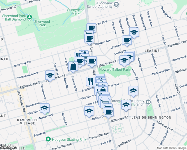 map of restaurants, bars, coffee shops, grocery stores, and more near 1738 Bayview Avenue in Toronto
