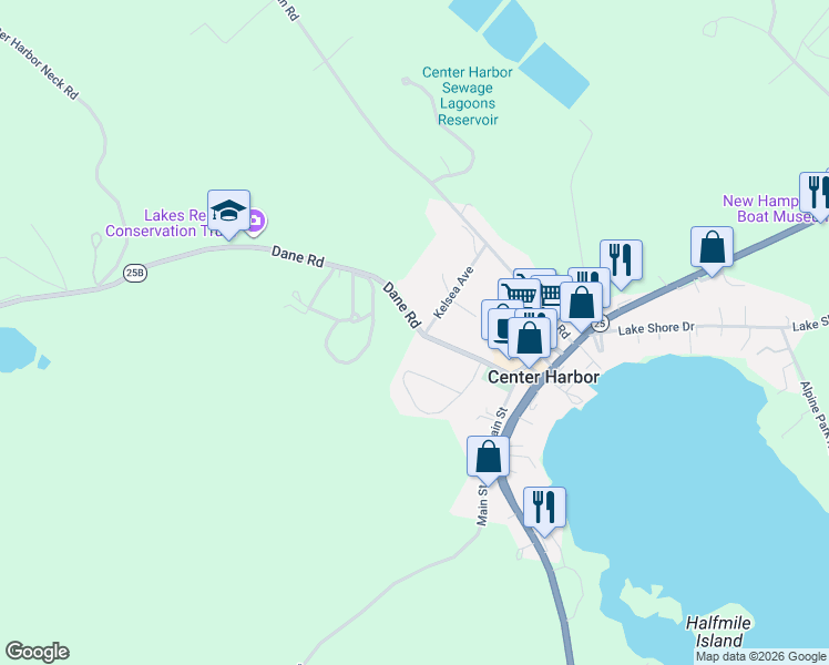 map of restaurants, bars, coffee shops, grocery stores, and more near 4 Kelsea Avenue in Center Harbor