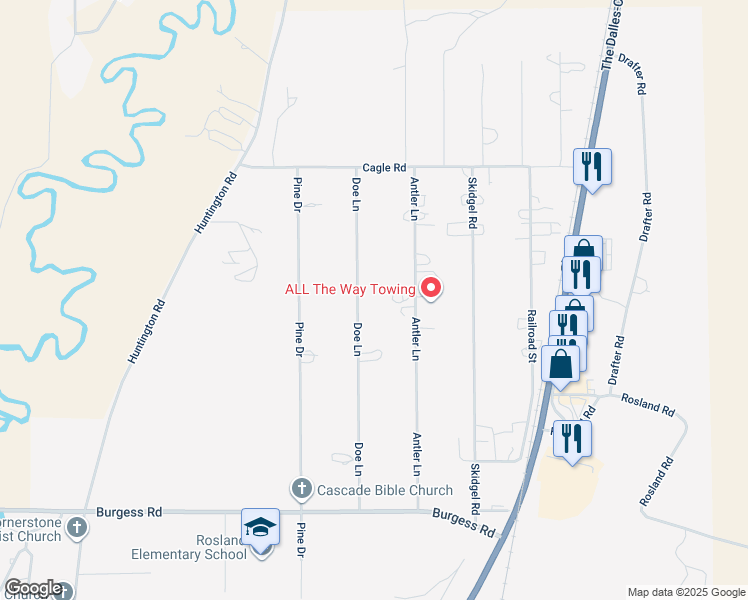 map of restaurants, bars, coffee shops, grocery stores, and more near 52582 Doe Lane in La Pine