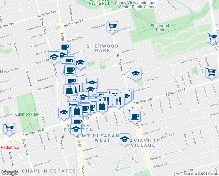 map of restaurants, bars, coffee shops, grocery stores, and more near 195 Redpath Avenue in Toronto