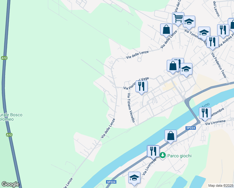 map of restaurants, bars, coffee shops, grocery stores, and more near 157a Via delle Lenze in Pisa