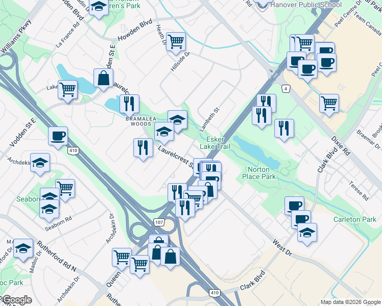 map of restaurants, bars, coffee shops, grocery stores, and more near 3 Lancewood Crescent in Brampton
