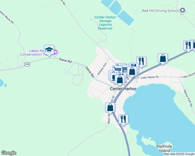 map of restaurants, bars, coffee shops, grocery stores, and more near 4 Kelsea Avenue in Center Harbor