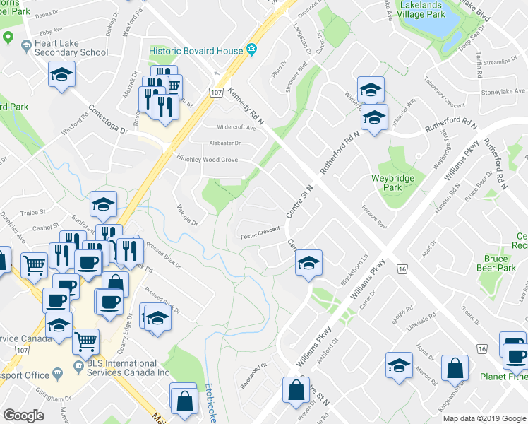 map of restaurants, bars, coffee shops, grocery stores, and more near 8 Collins Crescent in Brampton