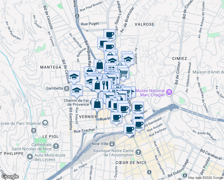 map of restaurants, bars, coffee shops, grocery stores, and more near in Nice