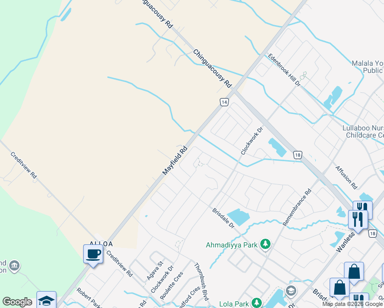 map of restaurants, bars, coffee shops, grocery stores, and more near 42 Boathouse Road in Brampton