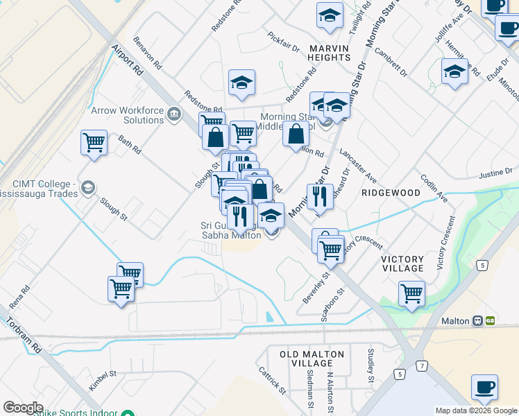 map of restaurants, bars, coffee shops, grocery stores, and more near 2980 Drew Road in Mississauga