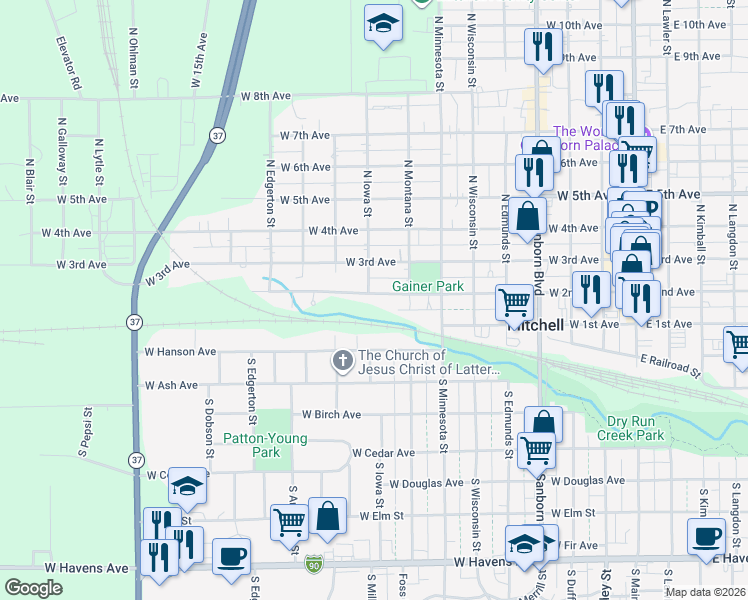 map of restaurants, bars, coffee shops, grocery stores, and more near 821 West 2nd Avenue in Mitchell