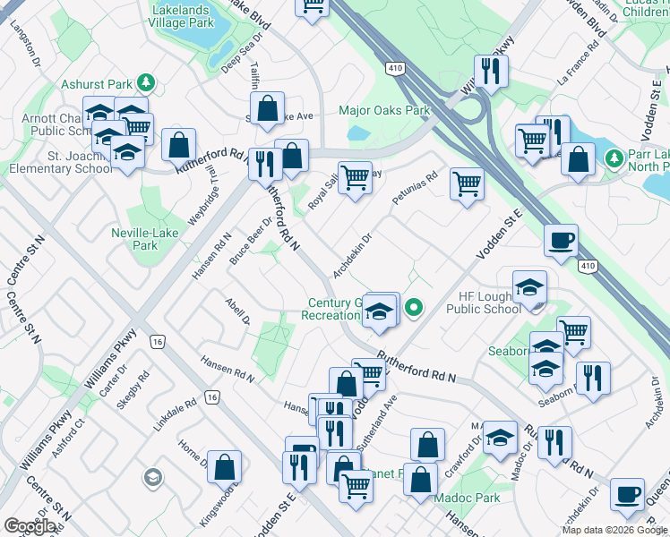 map of restaurants, bars, coffee shops, grocery stores, and more near 459 Archdekin Drive in Brampton